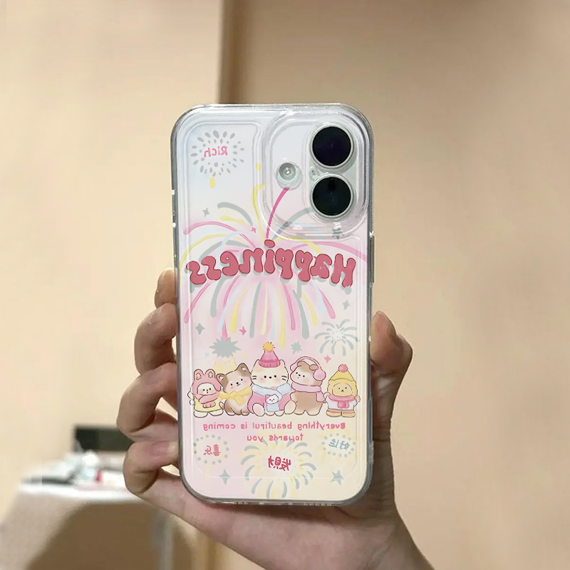 快乐烟花动物适用苹果17pro手机壳iPhone15promax新款16pro华为p70荣耀300防摔13小米14透明vivo全包oppo软壳