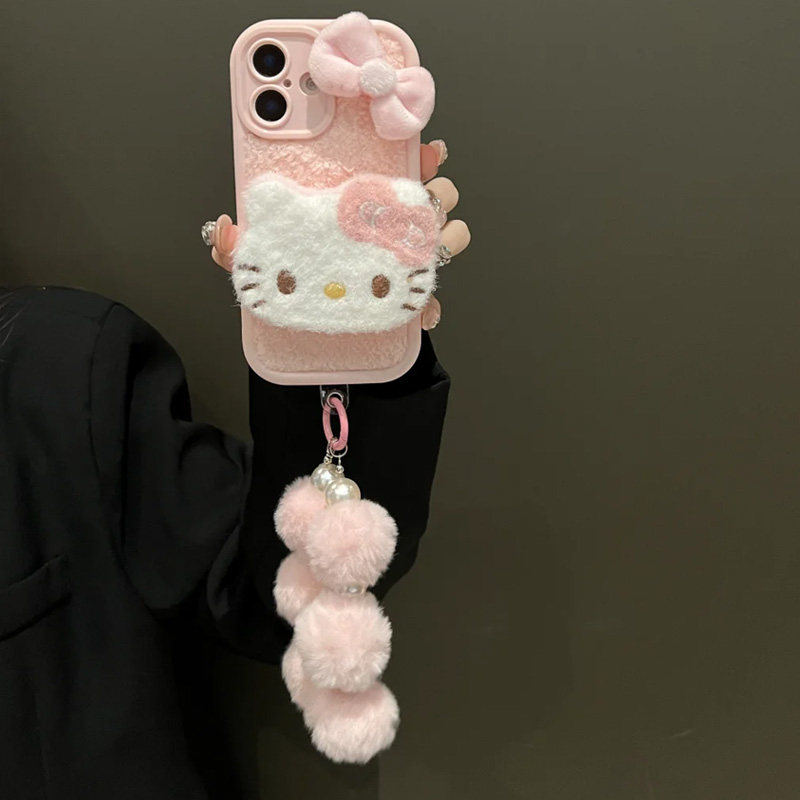 粉色毛绒kitty手机壳毛球手链