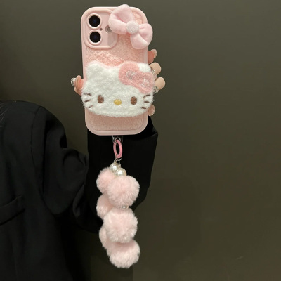 粉色毛绒kitty手机壳毛球手链