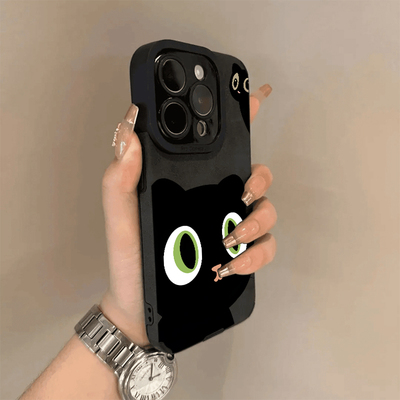 大眼黑猫皮质手机壳可爱翻毛皮