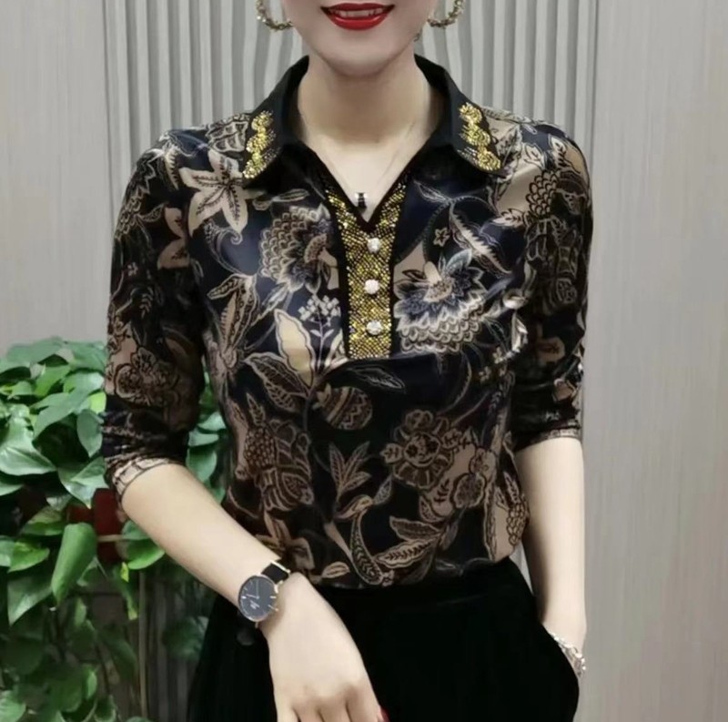 韩国时尚印花长袖T恤女外穿2025春秋新款大尺码宽松polo领打底上