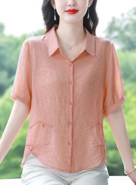 韩国休闲翻领短袖衬衫女2025夏季新款时尚百搭宽松显瘦纯色上衣