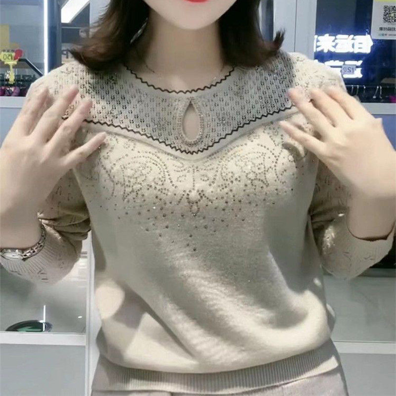 韩国高端针织打底衫女2025春秋新款中年减龄宽松显瘦烫钻长袖T恤