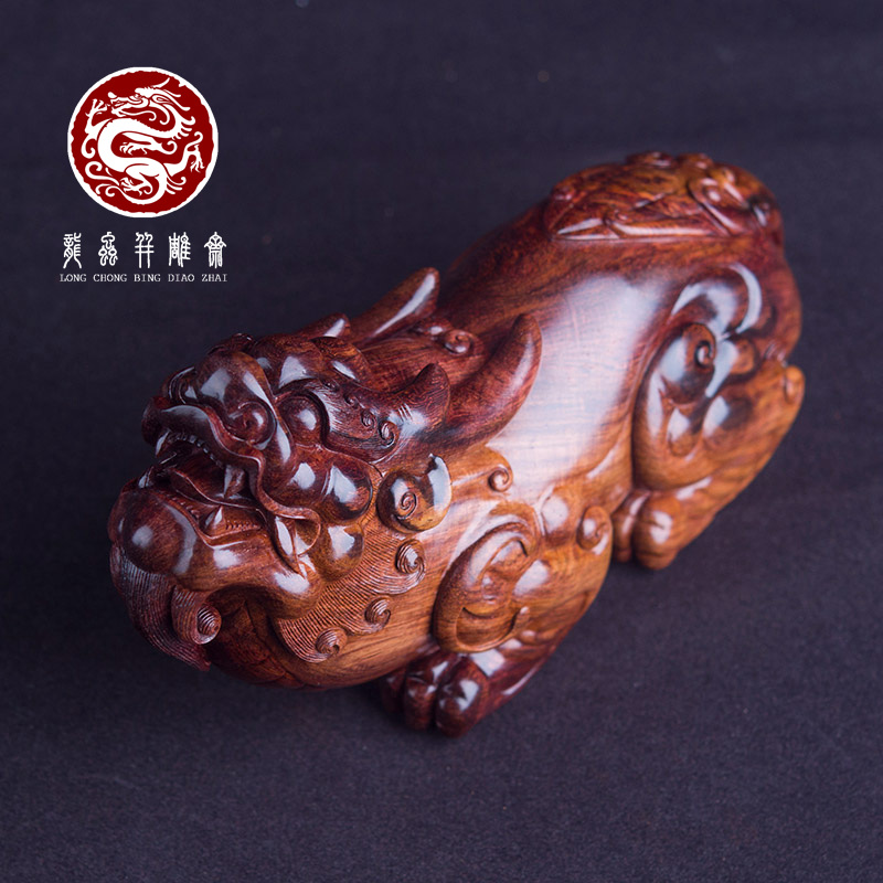 海南黄花梨紫油梨大貔貅摆件老料湘工高档红木雕件文玩把玩送礼