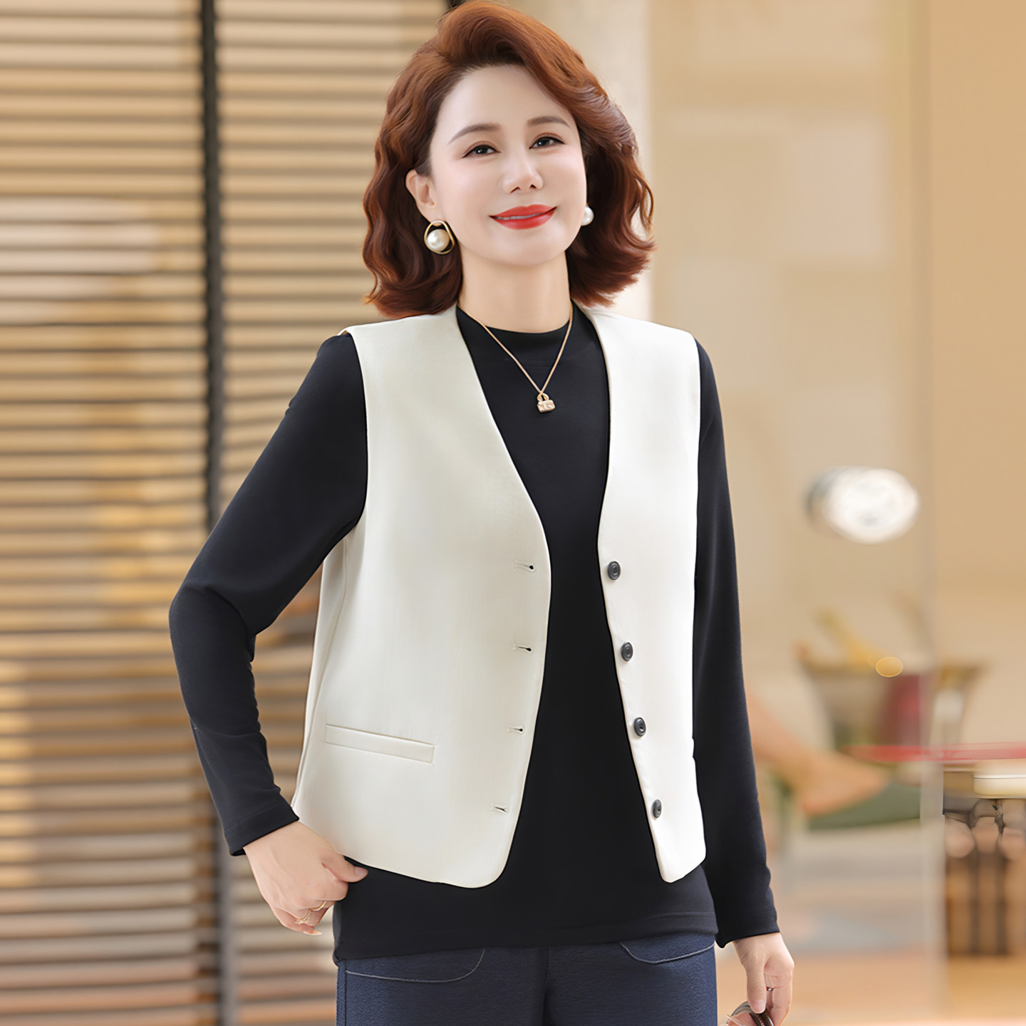 妈妈装端庄大气长袖T恤西装马甲两件套女中老年秋装外套洋气套装