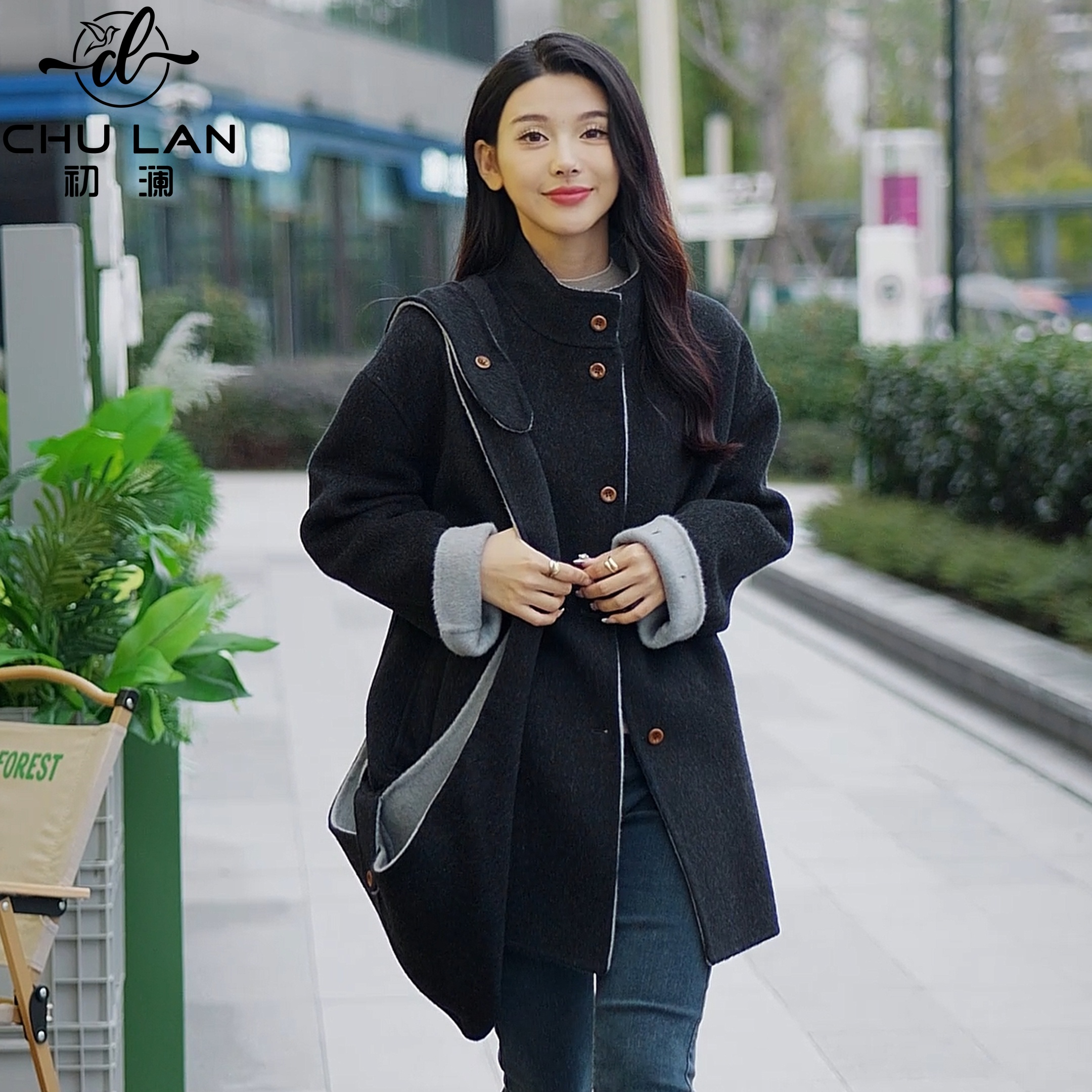 撞色格子双面绵羊毛披肩连帽呢大衣女2025秋冬新款宽松中长款外套