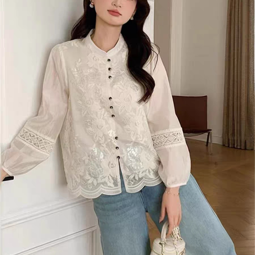复古立领刺绣白衬衫灯笼袖显瘦女