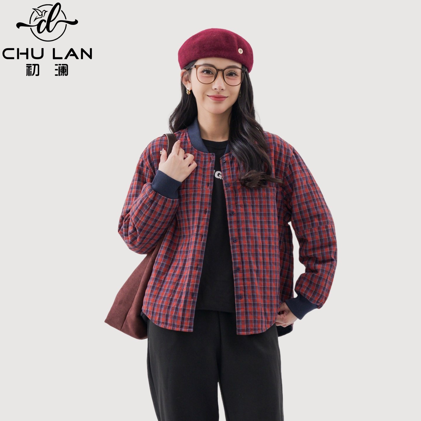 初澜全棉保暖棒球领格子衬衫女2026外套秋冬新格纹保暖打底衫开衫