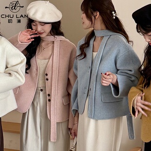 小香风飘带围巾V领双面羊毛大衣女春新款短款小个子呢子上衣外套