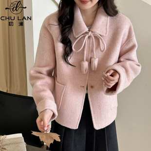 2026秋冬新款小香风娃娃领花朵双面呢子大衣短款高级感羊毛外套女