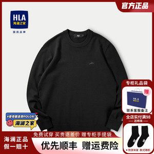 HLA/海澜之家含羊毛针织衫2023秋冬新款宽松保暖刺绣黑色毛衣男装