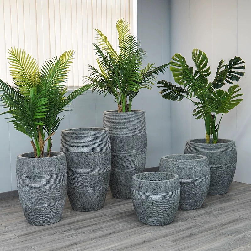 户外条纹圆形花瓶室内落地绿植盆栽大号水泥玻璃钢花盆摆件