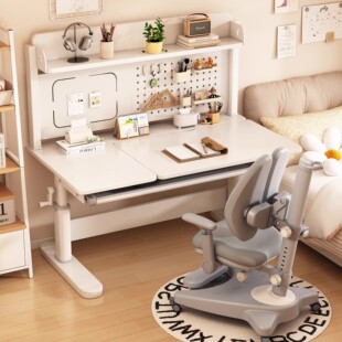 实木儿童学习桌学生书桌书柜一体大白桌家用可升降写字课桌洞洞板