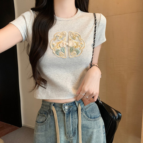小个子新中式云纹图案刺绣短袖T恤女夏季国风修身显瘦短款上衣xs