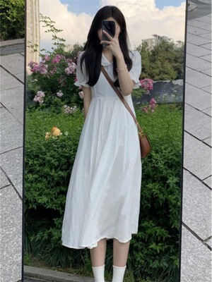 150小矮个子桔梗连衣裙女145cm夏初恋娃娃领收腰显瘦a字中长款xs