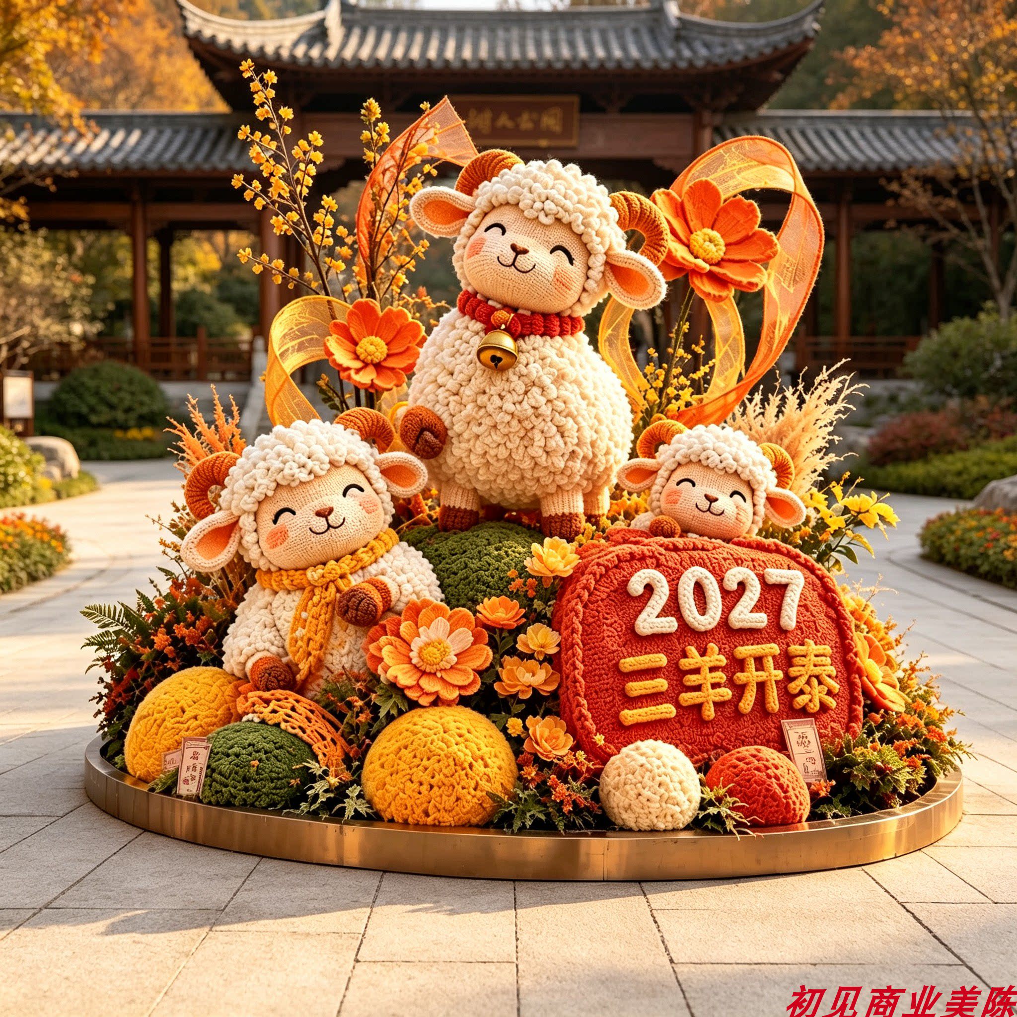2027羊年美陈装饰仿真花艺绵羊造型卡通动物绿雕落地景观雕塑摆件