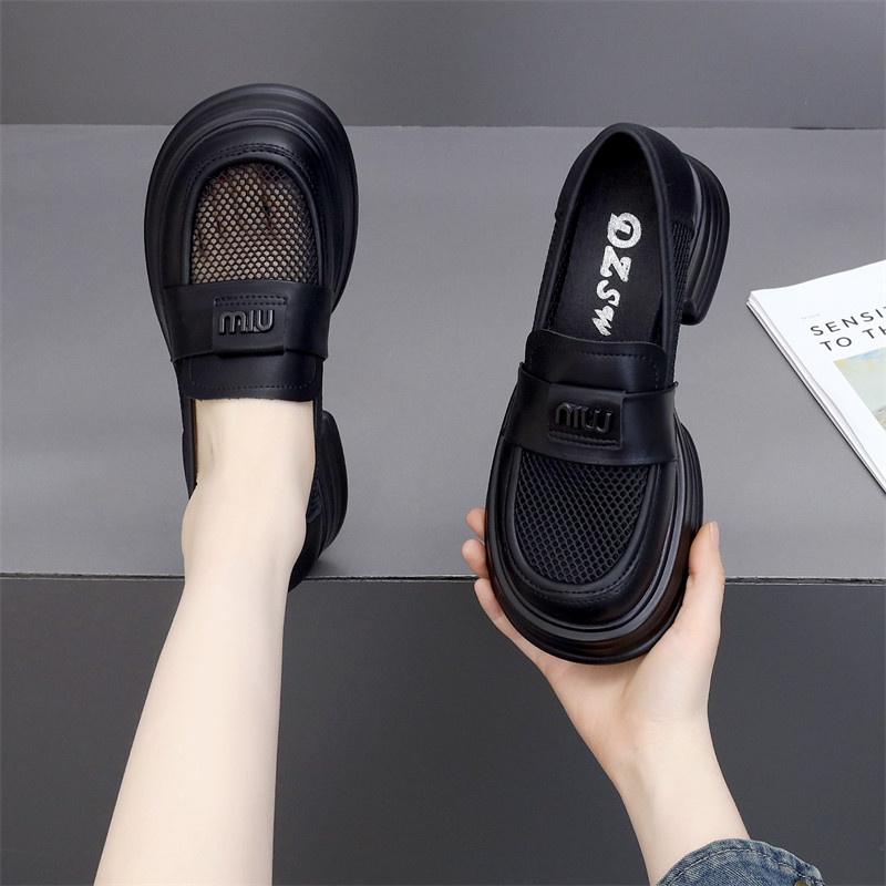 粗跟乐福鞋女款2025年夏季新款单鞋真皮增高网纱透气一脚蹬小皮鞋