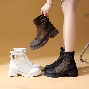 网纱透气马丁靴女2026新款春夏季镂空短靴高帮英伦风平底韩版凉鞋