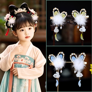 古风发夹头饰兔耳朵毛球流苏中国风对夹中式古装儿童汉服发饰配饰