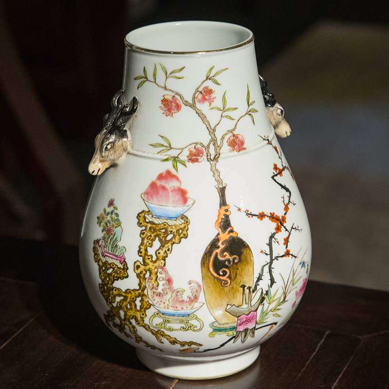 件老物件鹿耳尊瓷器摆民国许品衡款藏中式古董收三多图浅绛彩