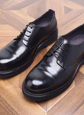 英伦办公室婚鞋厚底圆头复古做旧低帮鞋真皮手工褶皱休闲皮鞋男