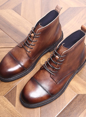 英伦复古手工休闲皮鞋高帮做旧短靴马丁靴复古水洗高帮皮鞋男皮靴