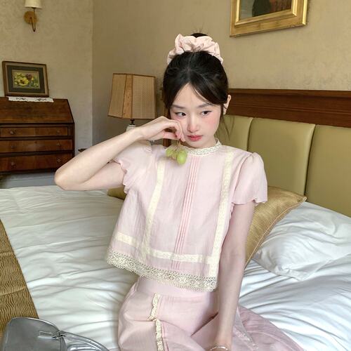 MUCHA木茶 拾梦匣 甜美风蕾丝两件套短袖上衣少女感半身裙套装