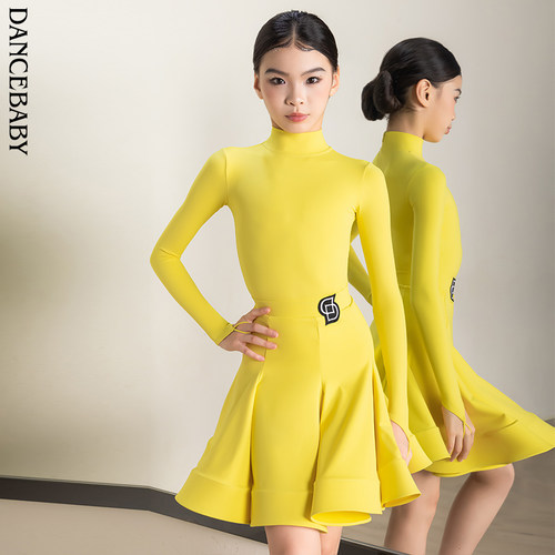 Dancebaby拉丁舞服规定服新款长袖儿童比赛高领考级舞蹈服DAS776