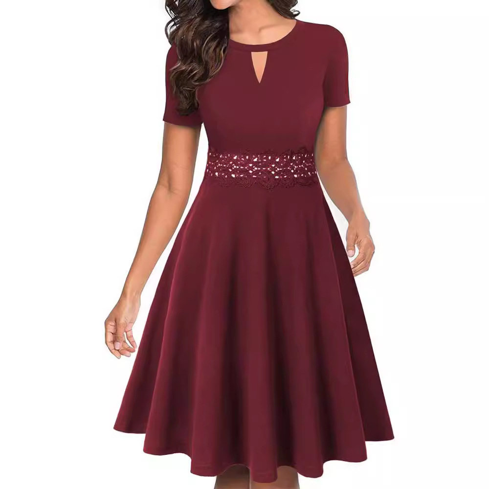 women's short sleeves dress o neck party ladies evening gown图片