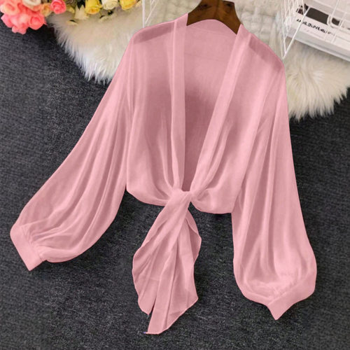 Large lazy lace up shirt solid color chiffon lantern sleeves