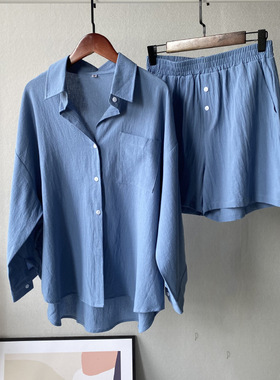women suits 女士2件套复古大码2023 棉麻衬衫套装高腰宽松短裤
