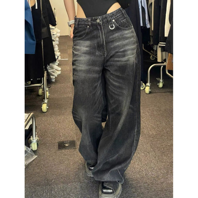 Women's Vintage Black Wide Leg Jeans Baggy Denim Trouser Y2K