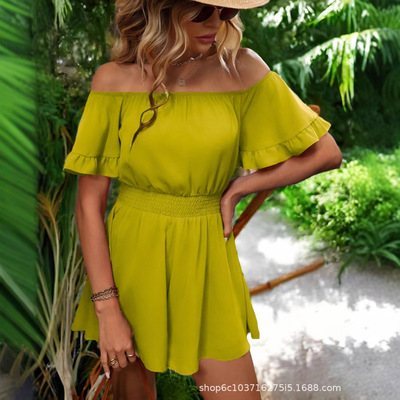 women's sexy short solid Off shoulder jumpsuit 女露肩连体裤