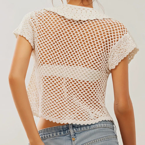 ladies Knitted cardigan lapel short sleeved hollow thin top