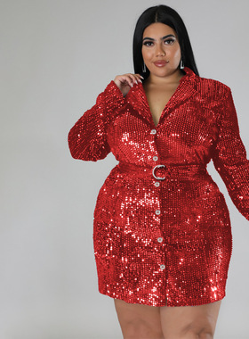 Plus size Party Dress Women Sequin Mesh Wedding Evening red