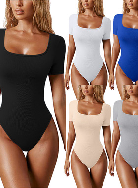 sexy high waist lace up slim bodysuit 纯色短袖紧身连体衣2023