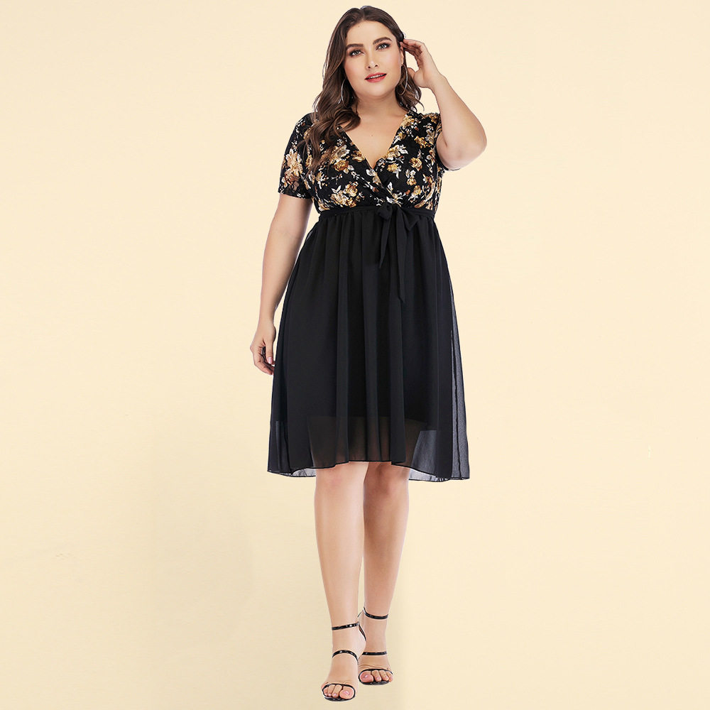 女中长款v领短袖雪纺裙women's v neck short sleeve print dress