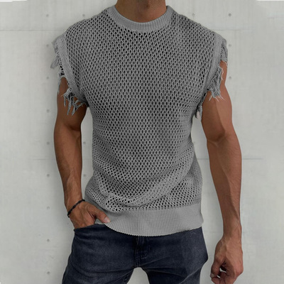 Men's knitted vest round neck sleeveless hollow out sweaters