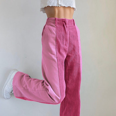 Y2k Patchwork Corduroy Pink Trendy Straight Women Trousers