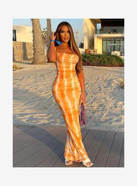 Hawthaw Women Summer Party Sleeveless Slim Printed Bodycon B