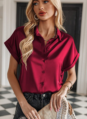 Women's solid color short sleeved button up shirt