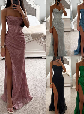 亮皮吊带连衣裙闪光开叉女 women's sequins slit long dresses