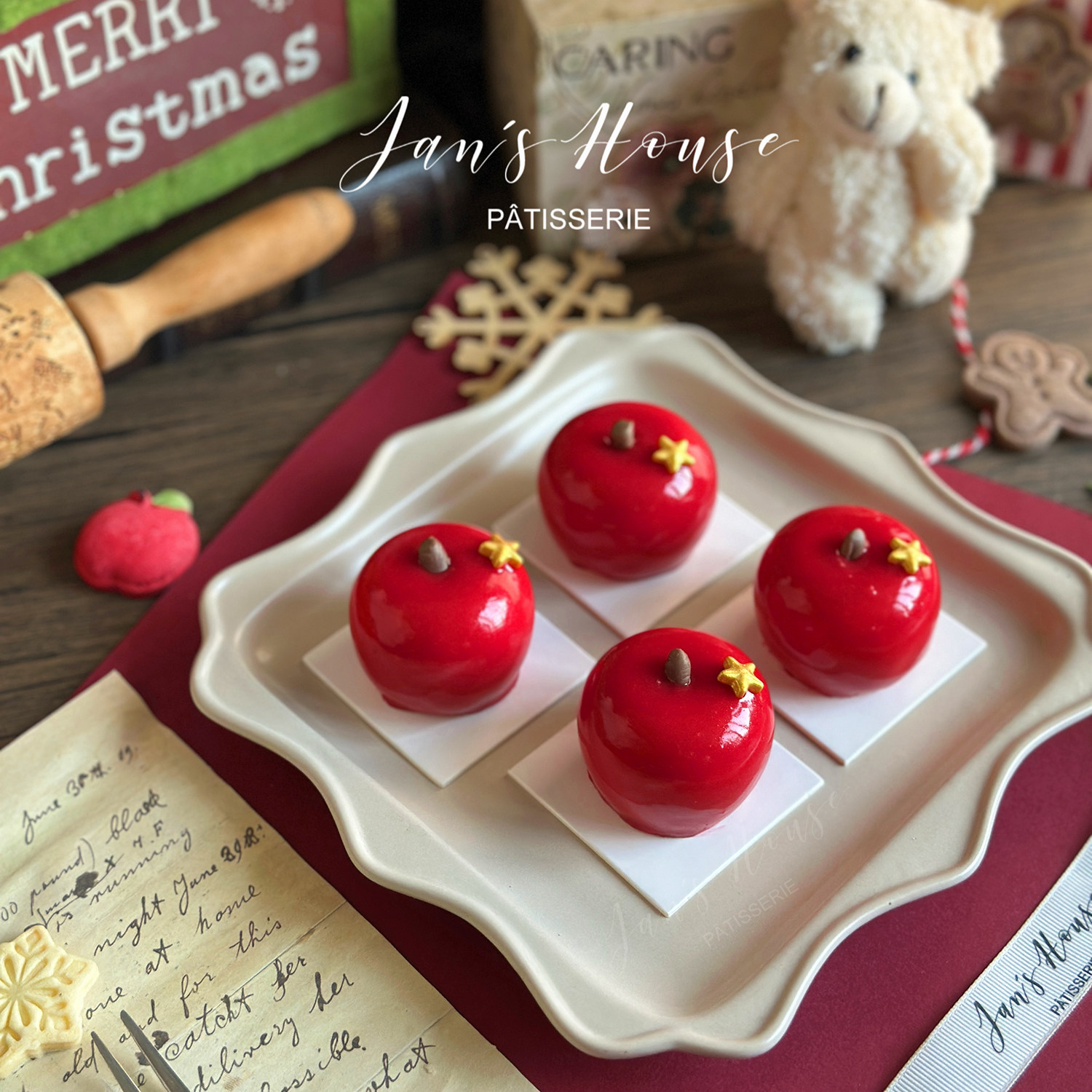 简屋圣诞节法式甜品苹果慕斯蛋糕青提口茶歇甜品台自助餐咖啡店用