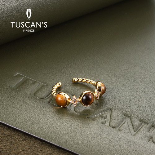 TUSCAN'S时尚复古虎眼石镶嵌个性女士开口戒戒指TS双鱼