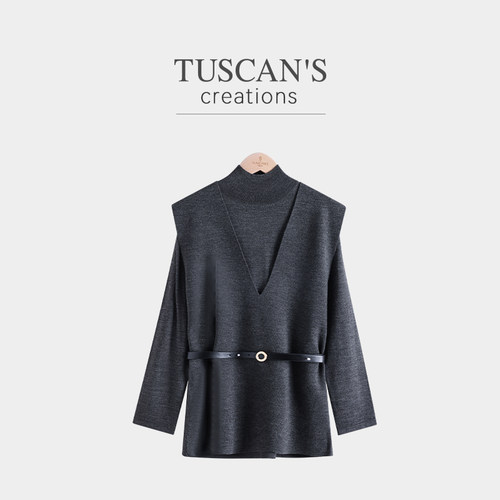 TUSCAN'S CREATIONS气质款两件套半高领短袖羊毛针织衫女士上衣