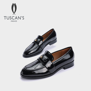 TUSCANS女士开边珠乐福鞋低跟真皮单鞋黑色休闲小皮鞋时代双鱼