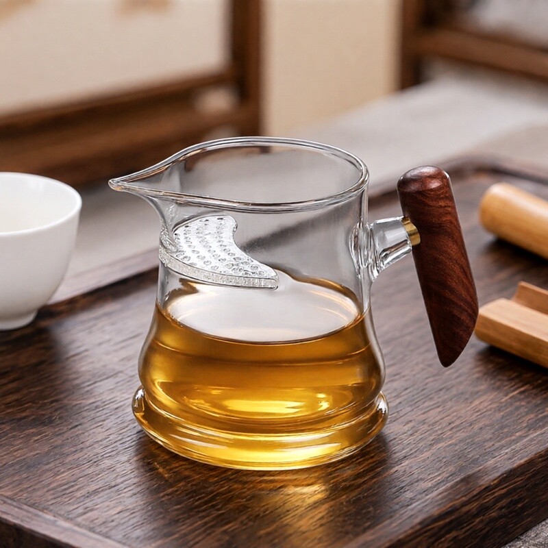 耐高温硼硅玻璃公道杯木把茶水女图片