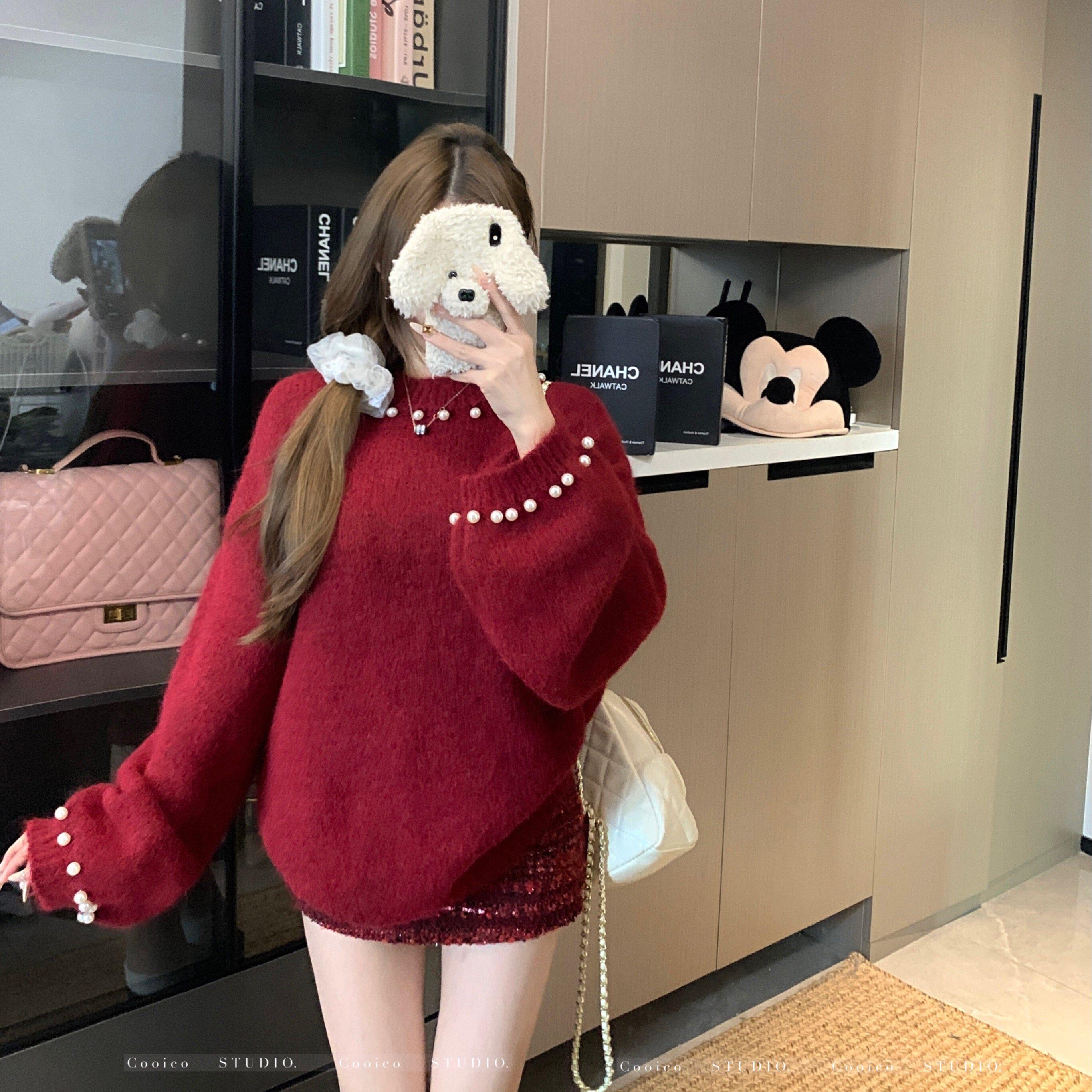 新年过年红色毛衣女2026新款冬季大码胖mm正肩针织衫气质独特上衣