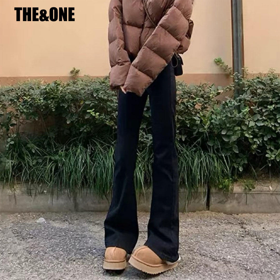 黑色微喇叭牛仔裤女2025秋冬新款加绒修身弹力显瘦小个子马蹄裤子