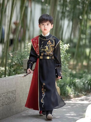 儿童汉服春秋长袖男童古装帅气小男孩武侠风演出服明制圆领袍唐装